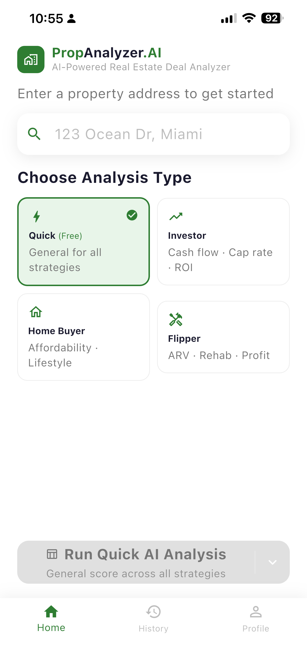 PropAnalyzer AI home screen