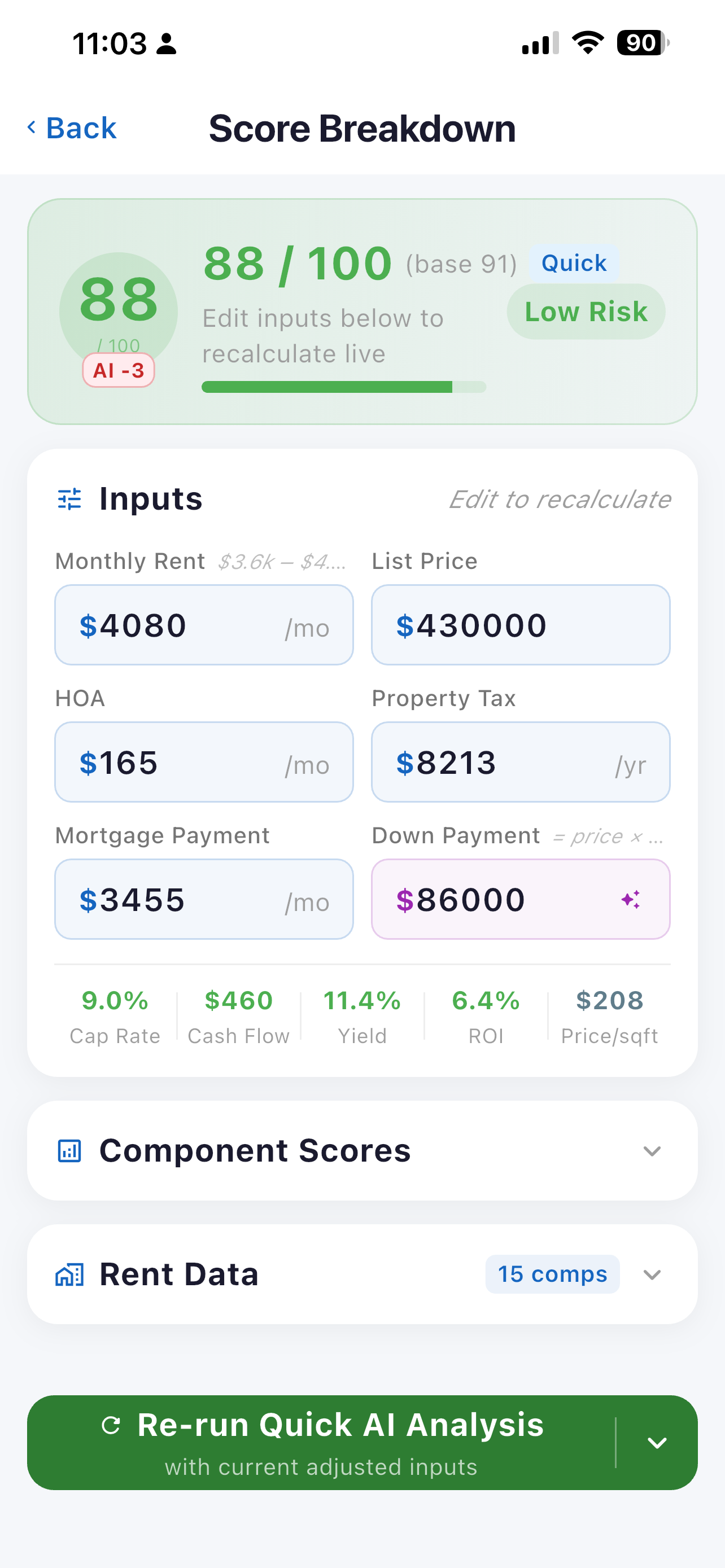 PropAnalyzer AI property score screen